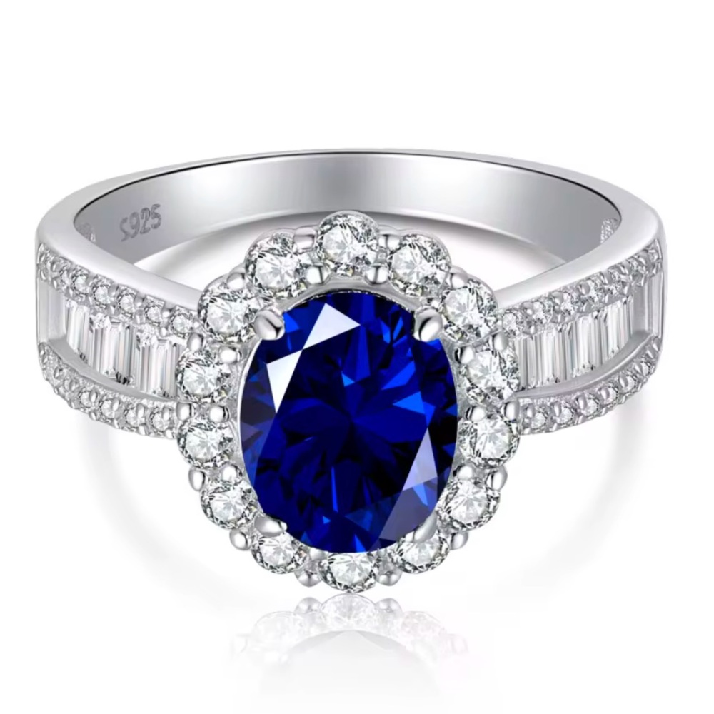 S925 Sterling Silver Circular Round Elegant Blue Ring Large Band